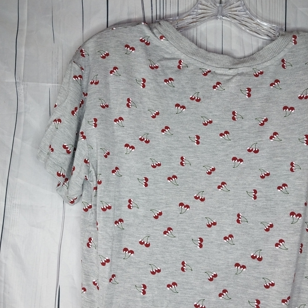 Belle Du Jour Gray Cherry Print Tie Front Casual Crew Neck Y2K Style Shirt - Picture 9 of 10